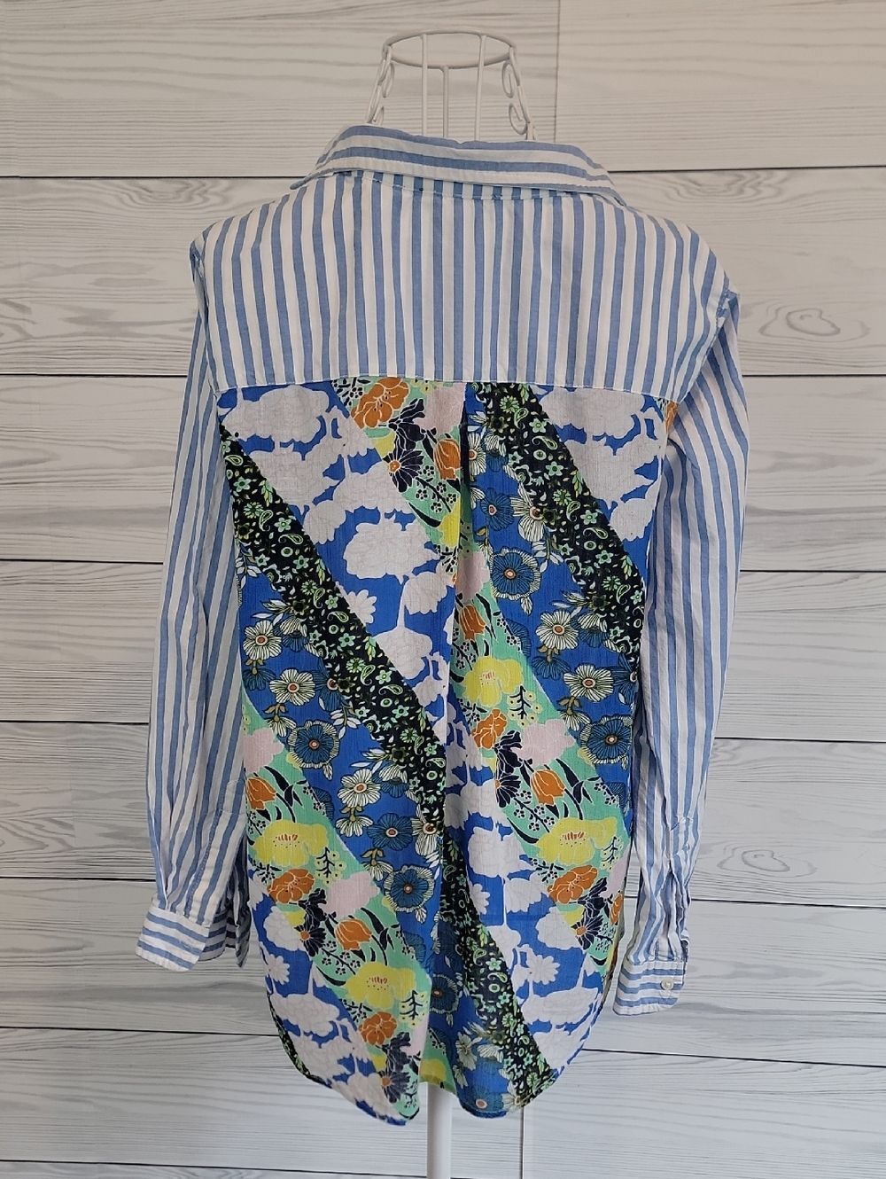 Tolani Collection Striped Button-Up Shirt Floral Patchwork Back Women Size S
